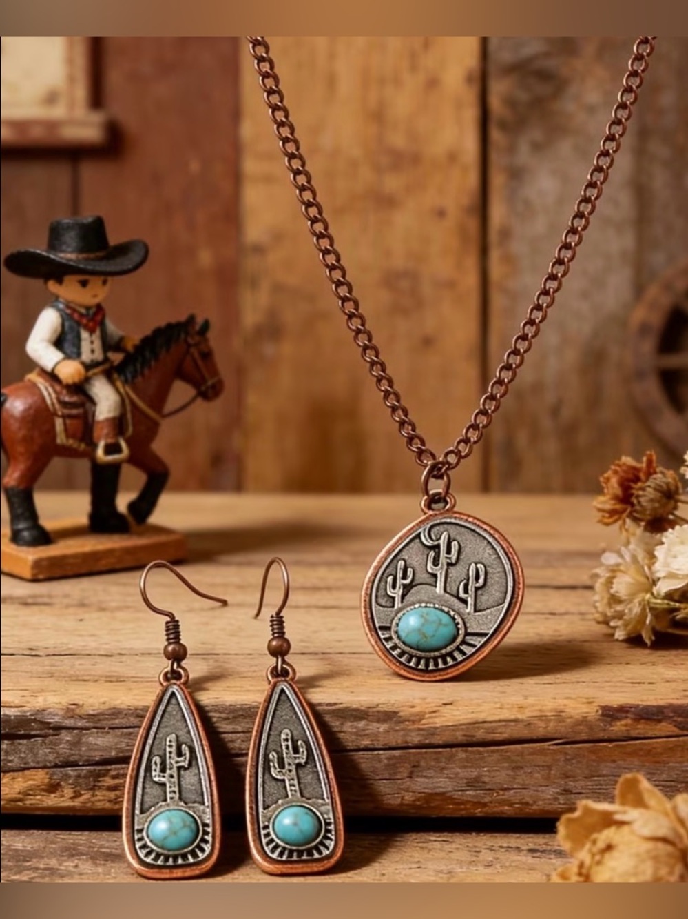 Western Turquoise Stone Cactus Pendant Necklace & Earring Set - Copper Tone